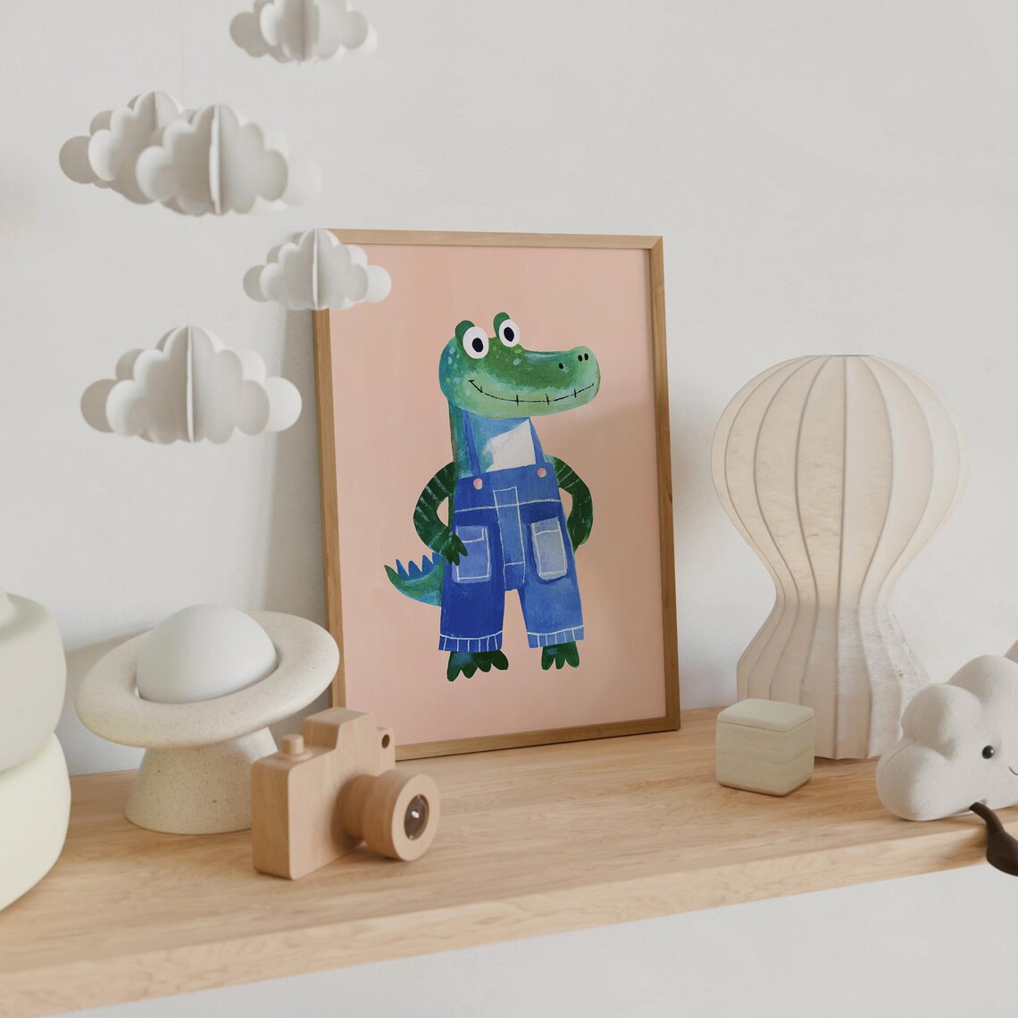 Playful Alligator in Denim Overalls Nursery Kids Room Poster