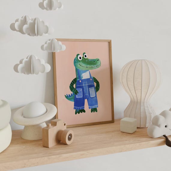 Playful Alligator Wall Art Kids Room Decor Nursery Animal Print Boys Room Poster Alligator In Overalls Art