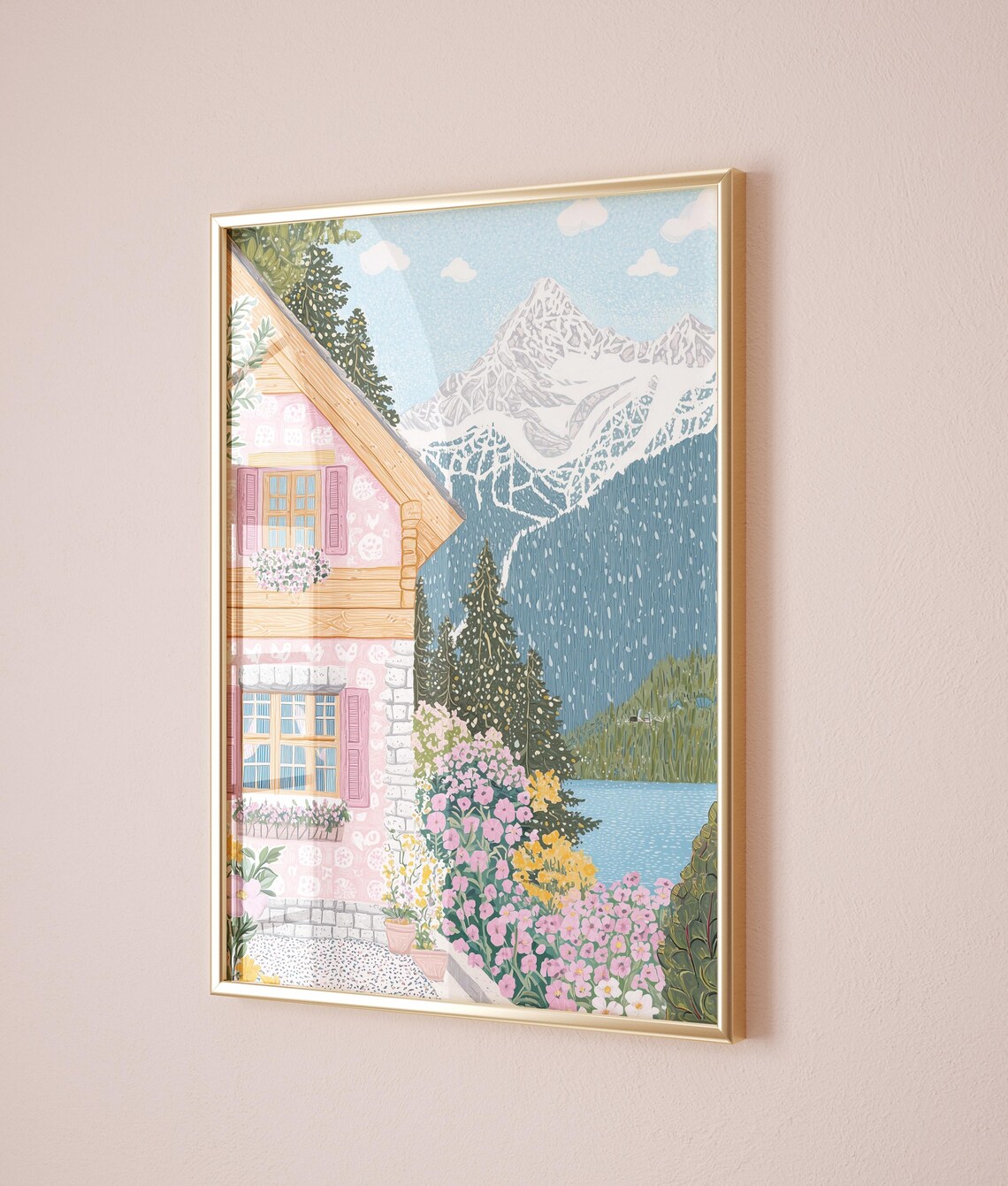 Pink Alpine Chalet Lake Snowy Peak Wildflower Garden Summer Poster - Image 3