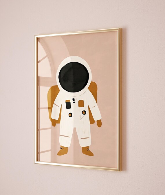 Cute Astronaut White Suit Blush Modern Space Nursery Art Poster
