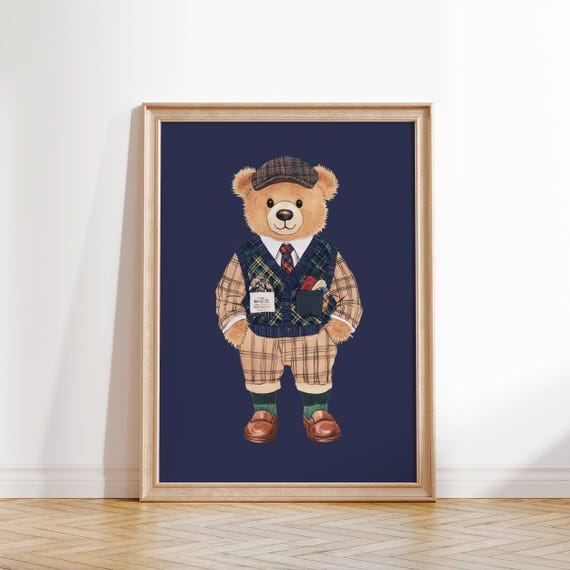 Classic Teddy Bear Print Preppy Nursery Decor Kids Room Wall Art Baby Room Poster Vintage Animal Art Instant Boys Room Decor