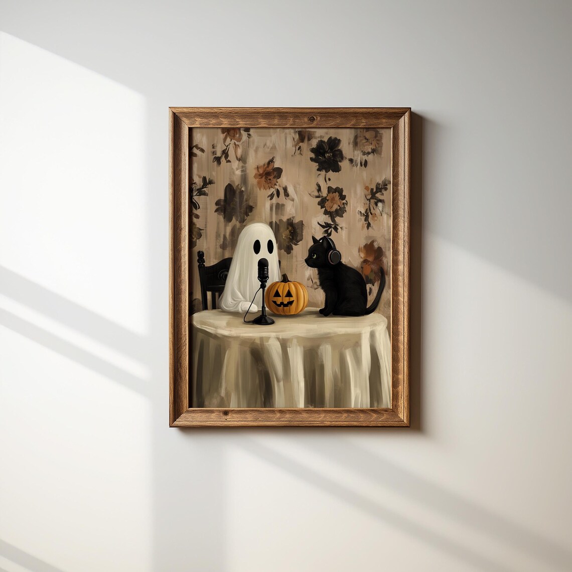 Ghost And Black Cat Podcasting With Vintage Microphone Halloween Poster