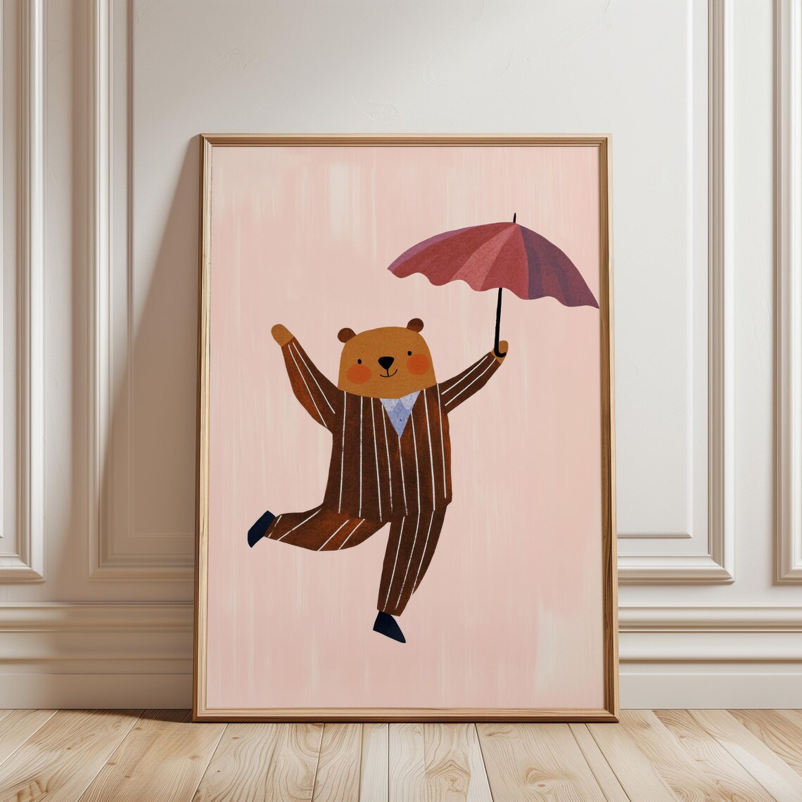 Dancing Bear Pink Umbrella Rain Striped Suit Cute Nursery Wall Art Print - Image 3