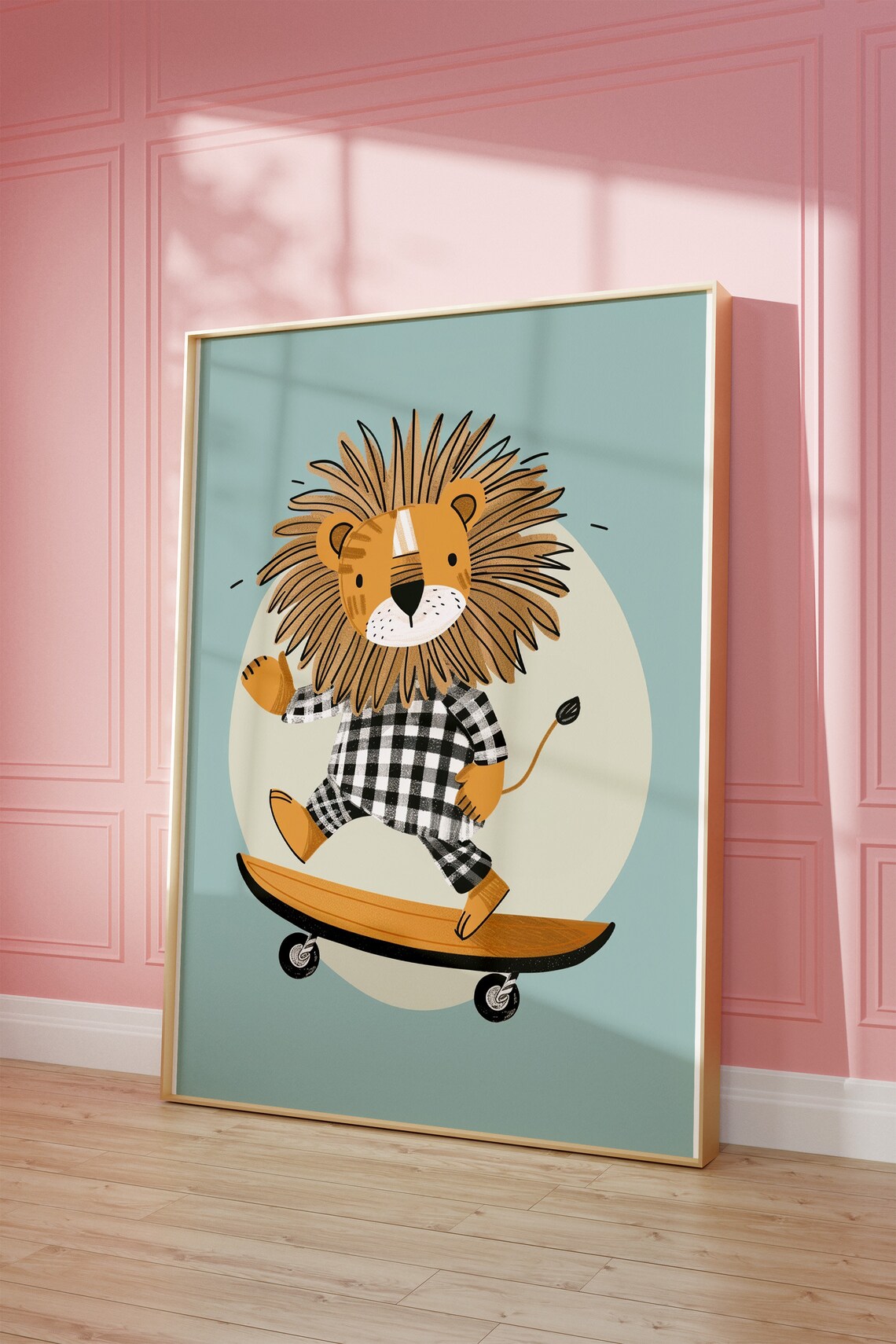 Playful Lion Skateboard Art Poster for Kids Room in Teal Style - Image 2