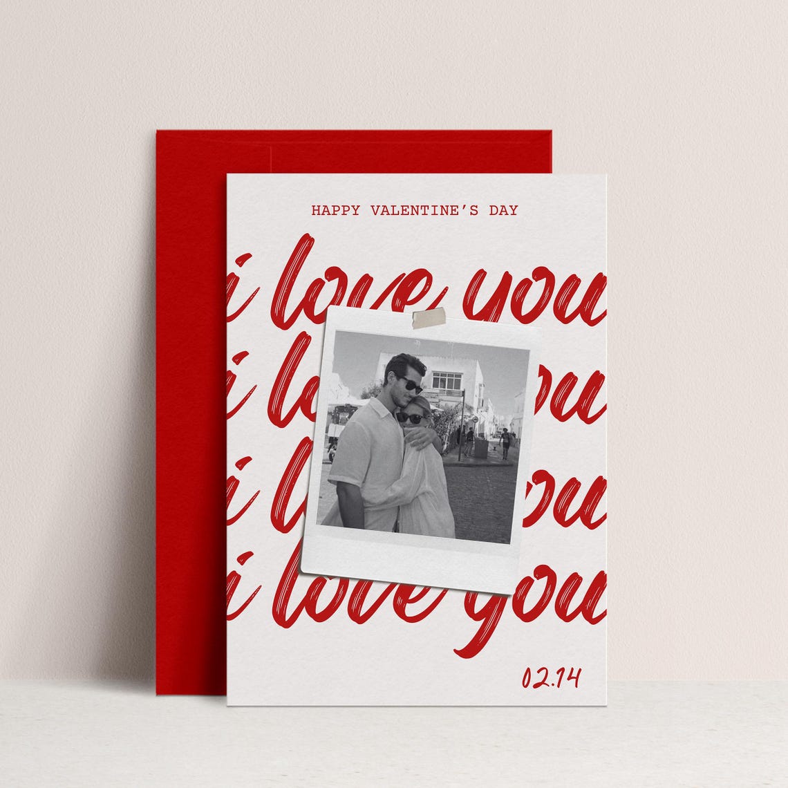 Personalized Valentine Photo Card I Love You Script Red Polaroid Print