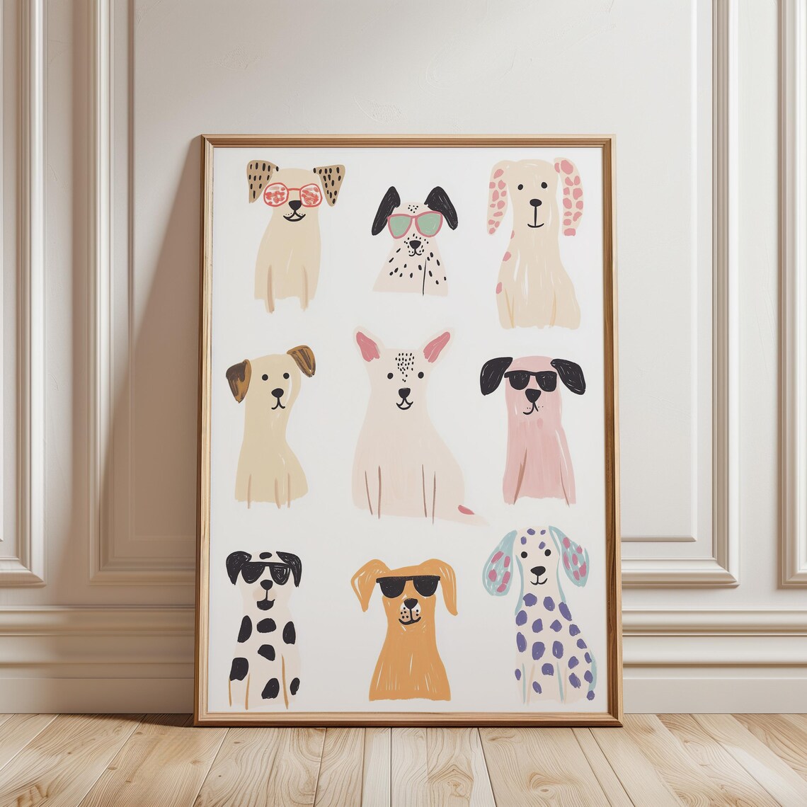 Nine Cute Dog Faces Sunglasses Cool Puppies Kids Room Wall Art Poster