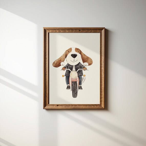 Cool Dog In Leather Jacket Riding Motorcycle Boys Room Poster