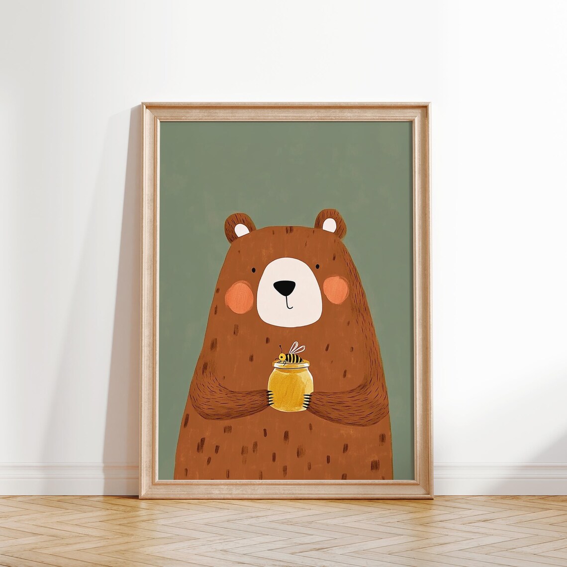 Brown Bear Holding Honey Pot With Bee Nursery Kids Animal Poster - Image 3