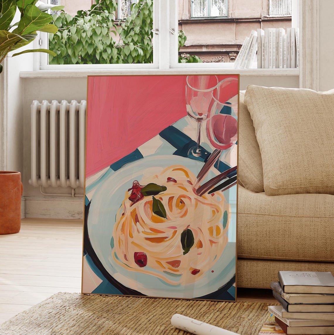 Italian Spaghetti Bowl Basil Tomatoes Rose Wine Painterly Pasta Poster