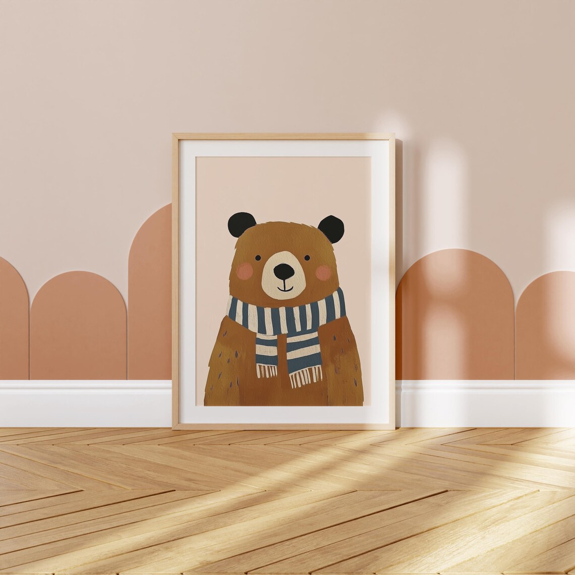 Sweet Brown Bear In Blue Striped Scarf Nursery Kids Animal Poster - Image 3