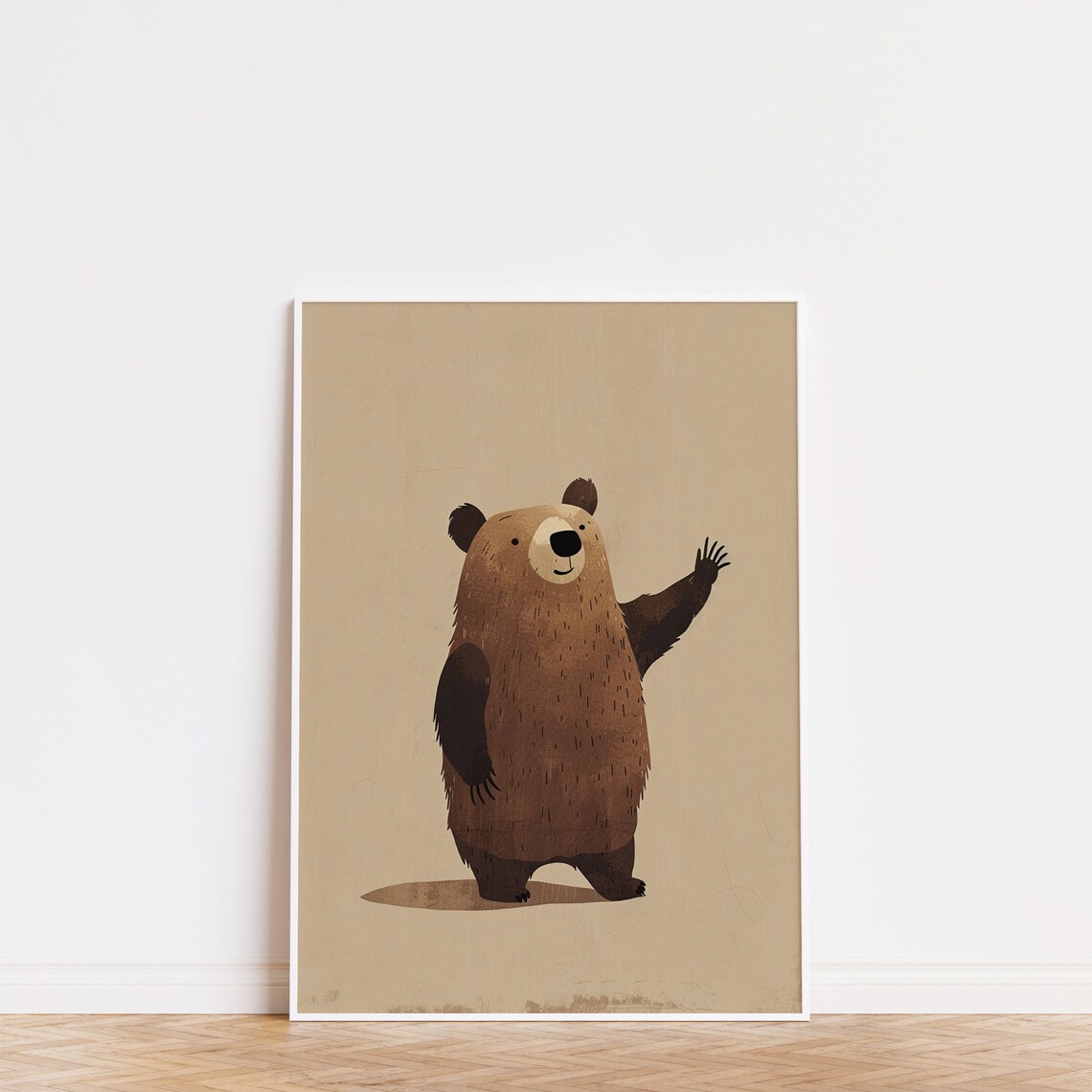 Cute Brown Bear Waving Hello Beige Nursery Kids Room Animal Theme Poster - Image 2