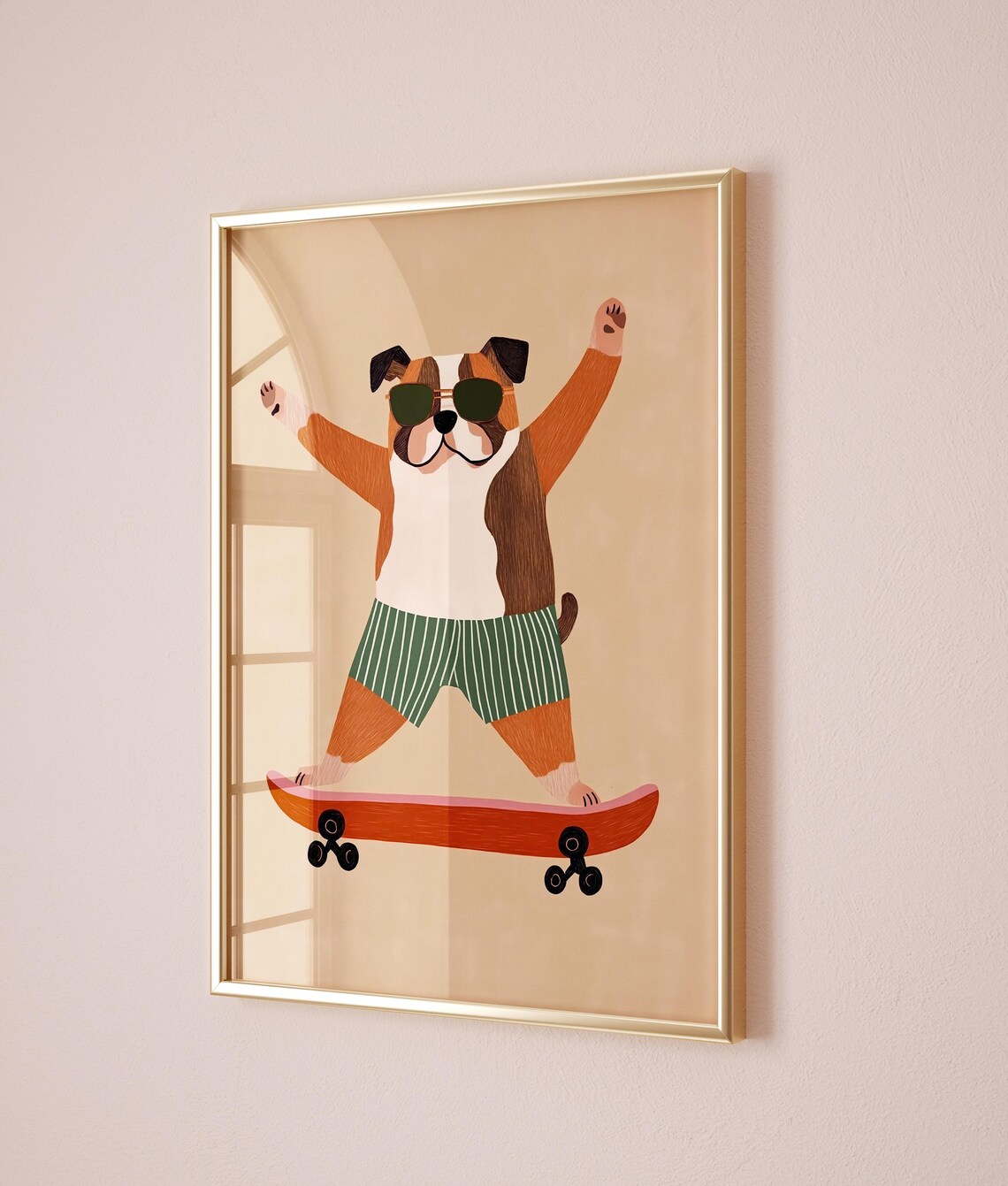 Happy Dog Sunglasses Skateboard Green Shorts Tan Kids Poster - Image 2