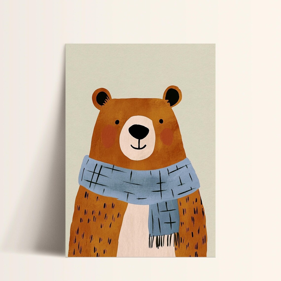 Cute Brown Bear Blue Scarf Winter Cozy Nursery Kids Room Poster