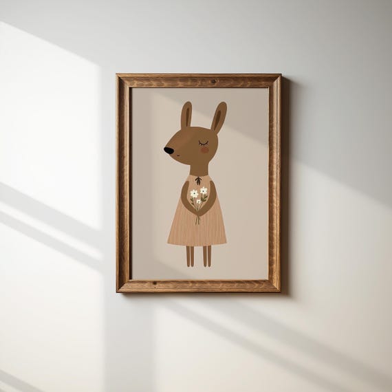 Cute Kangaroo In Dress Nursery Wall Art Adorable Animal Print Kids Room Decor Art