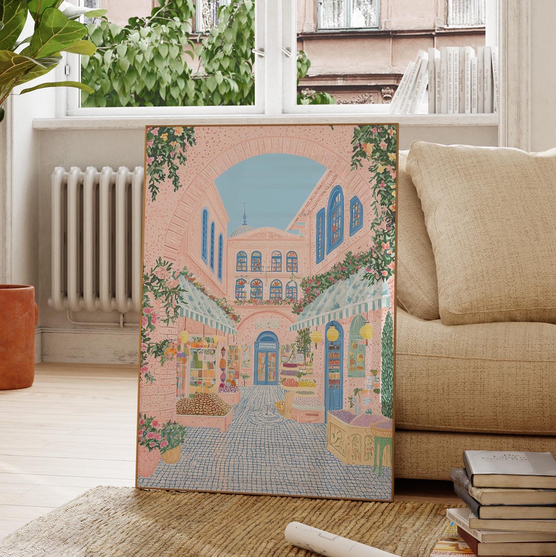 Mediterranean Market Courtyard Pink Buildings Blue Cobblestone Poster - Image 4