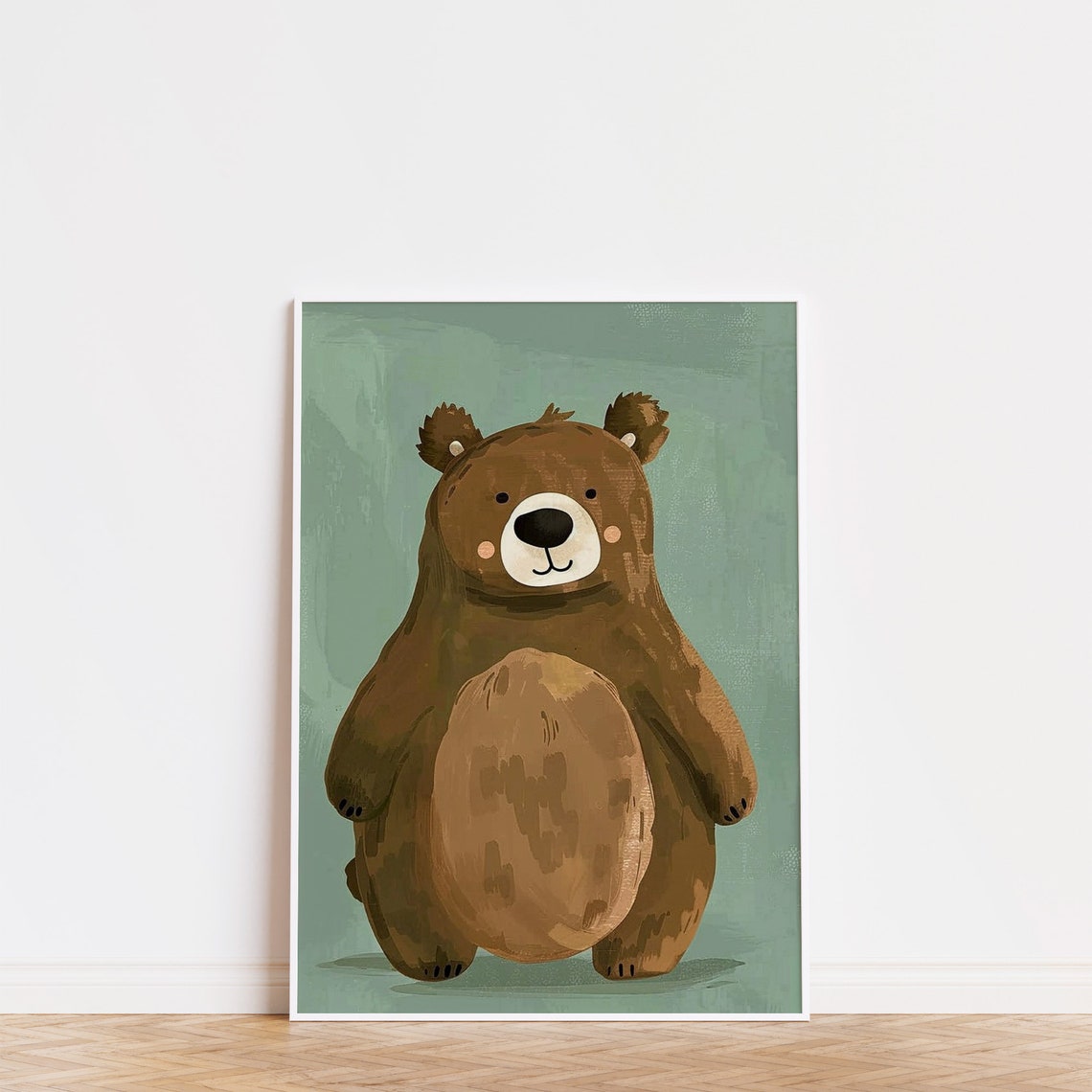 Cute Smiling Brown Bear Woodland Sage Green Nursery Animal Poster - Image 2