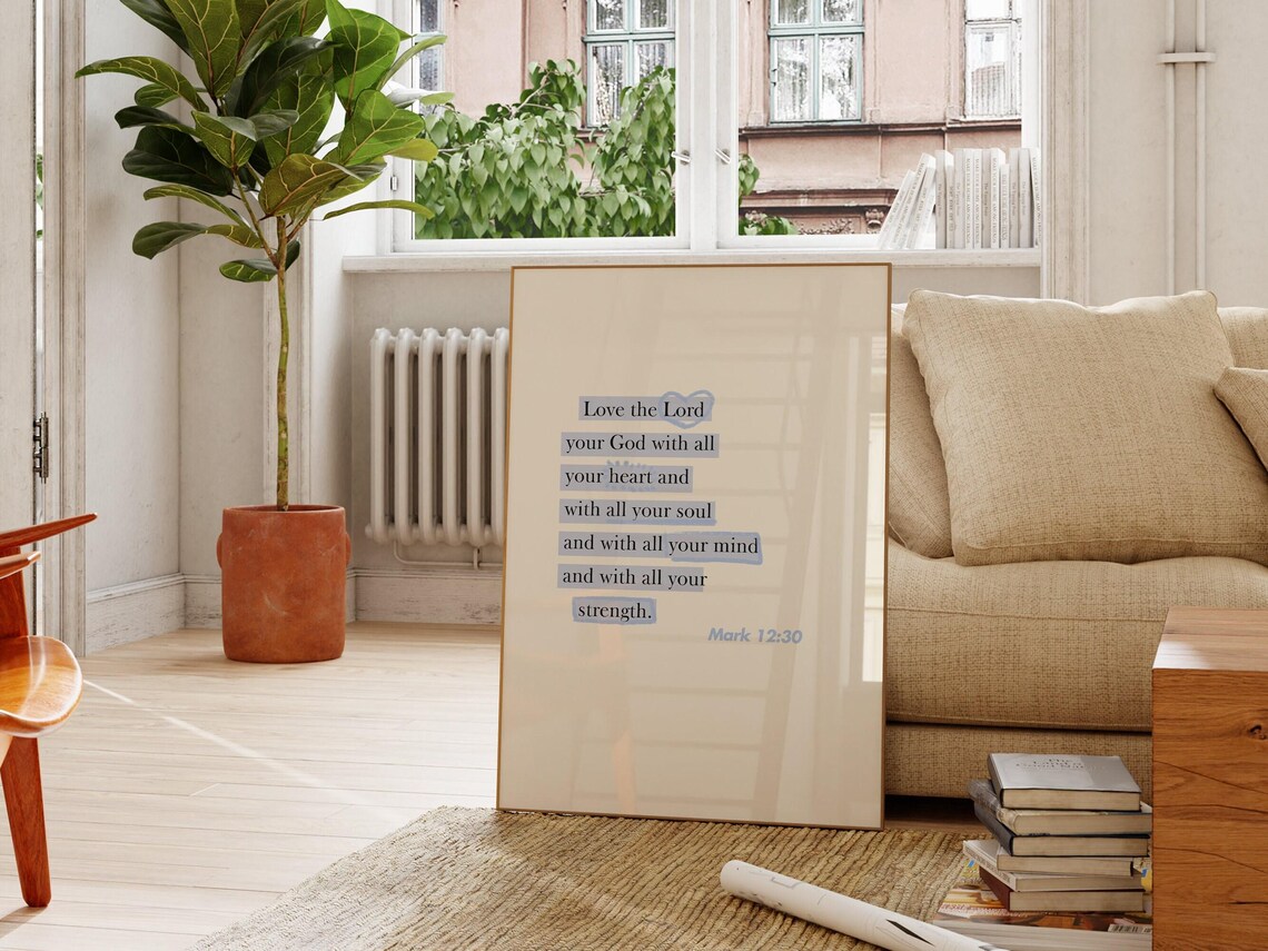 Love The Lord Your God Mark 12 30 Blue Minimalist Bible Verse Poster