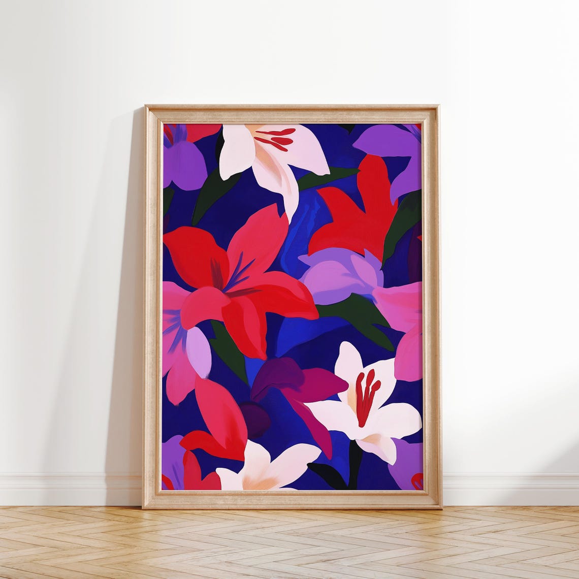 Bold Lily Flower Pattern Red Pink Purple Navy Modern Botanical Poster - Image 3