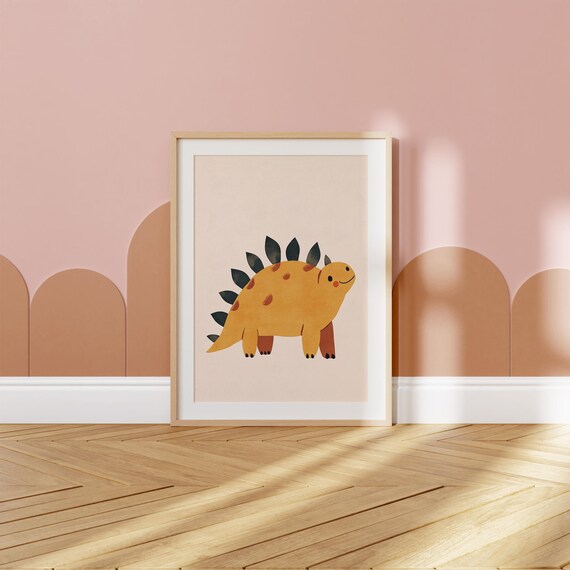 Mustard Stegosaurus with Teal Plates Cute Kids Dino Art Poster