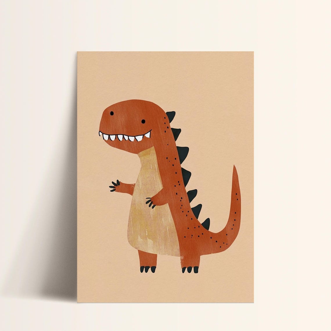 Smiling Orange T Rex Dinosaur Beige Nursery Kids Room Poster