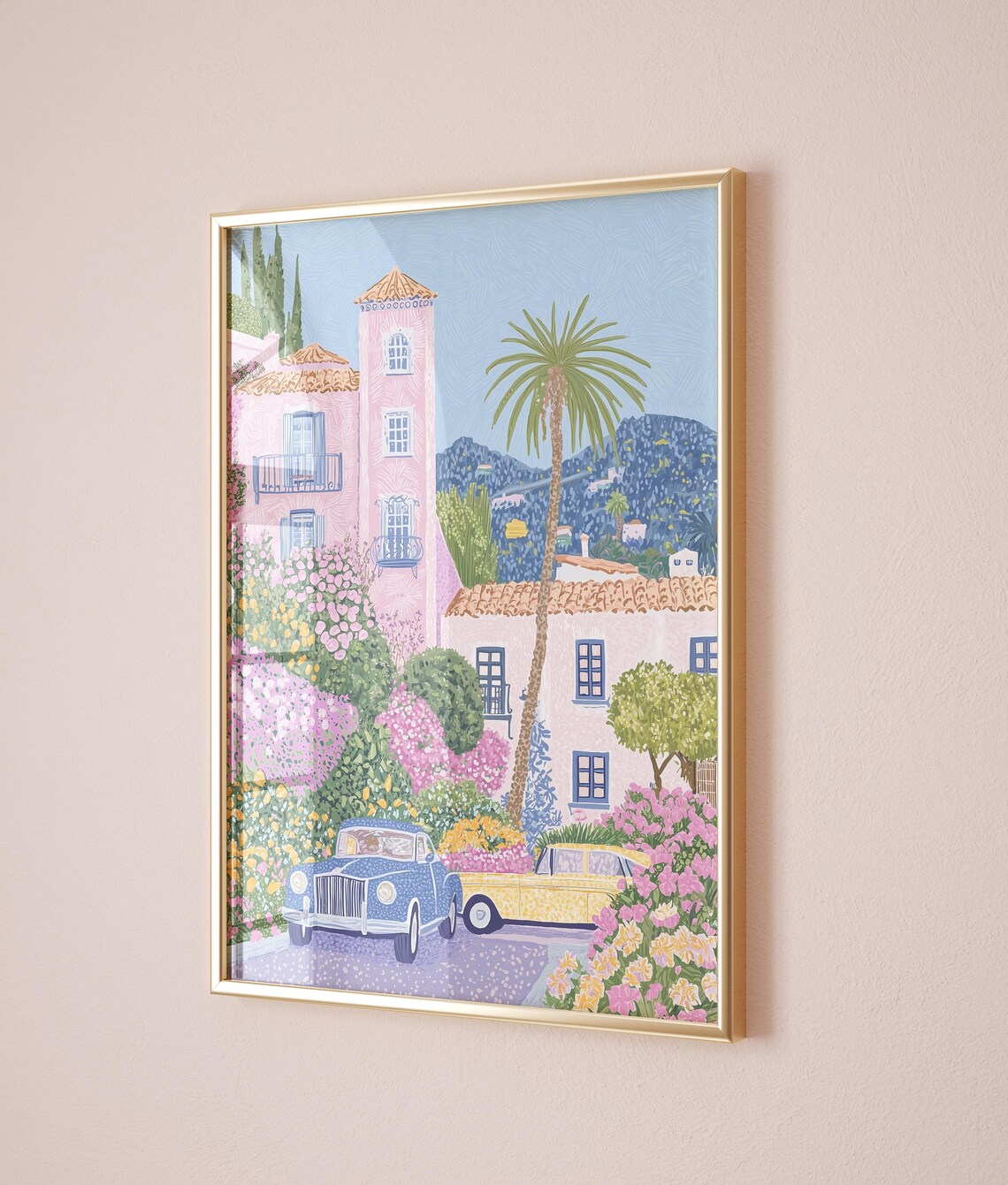 Pink Mediterranean Villa Vintage Cars Palm Trees Retro Travel Poster - Image 2