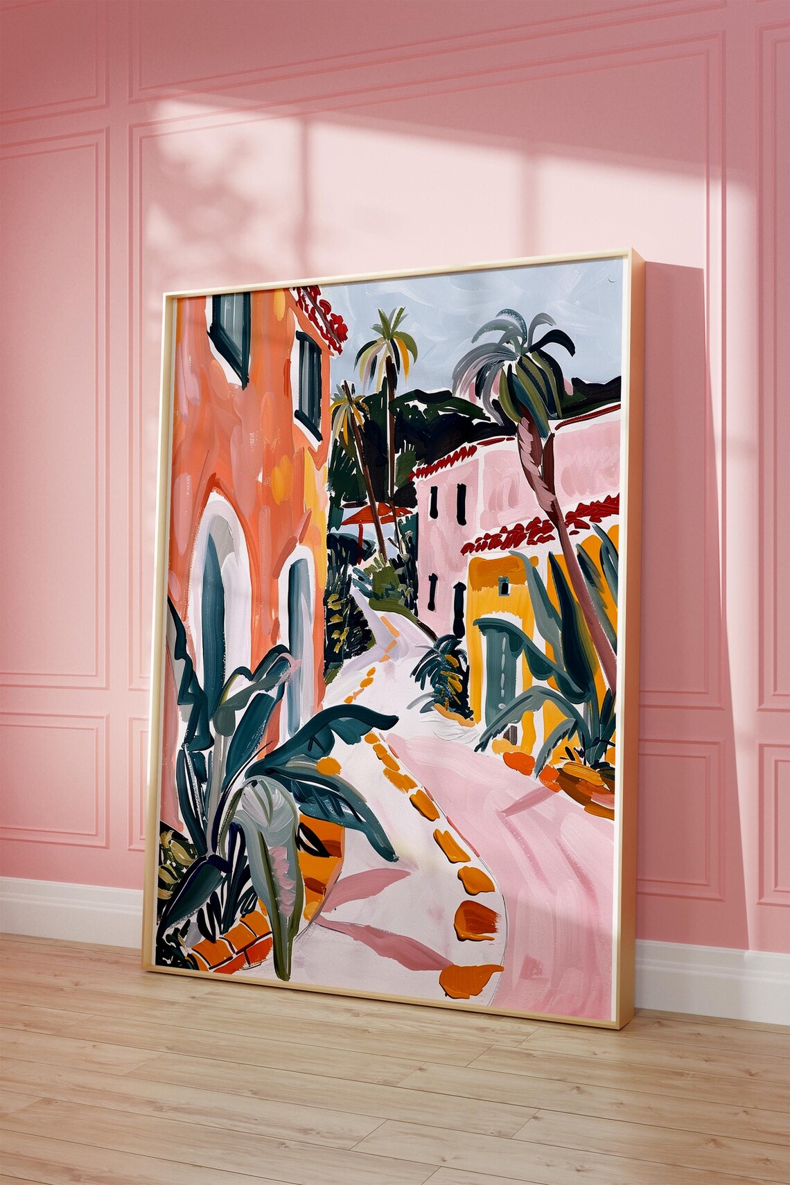 Mediterranean Village Street Art Poster with Palms and Pastel Houses