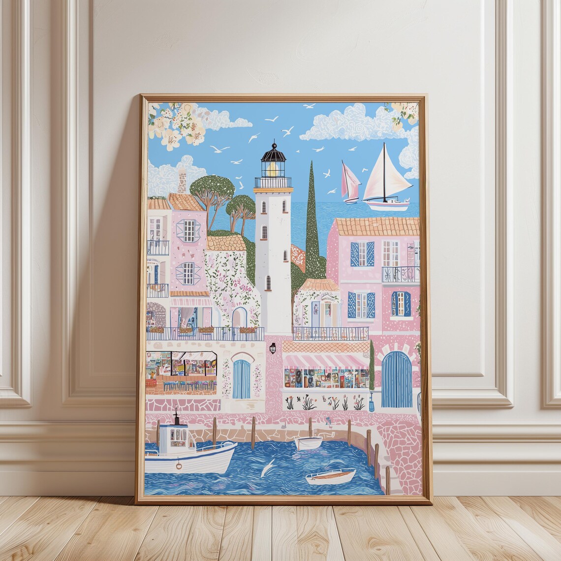 Mediterranean Lighthouse Harbor Pink Seaside Town Boats Poster