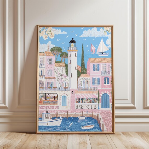 Mediterranean Lighthouse Harbor Pink Seaside Town Boats Poster