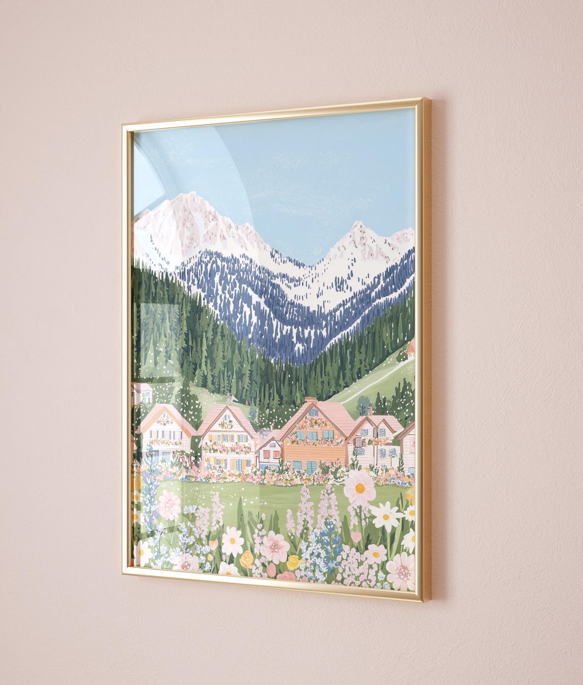 Alpine Mountain Chalet Village Wildflower Meadow Landscape Poster - Image 3
