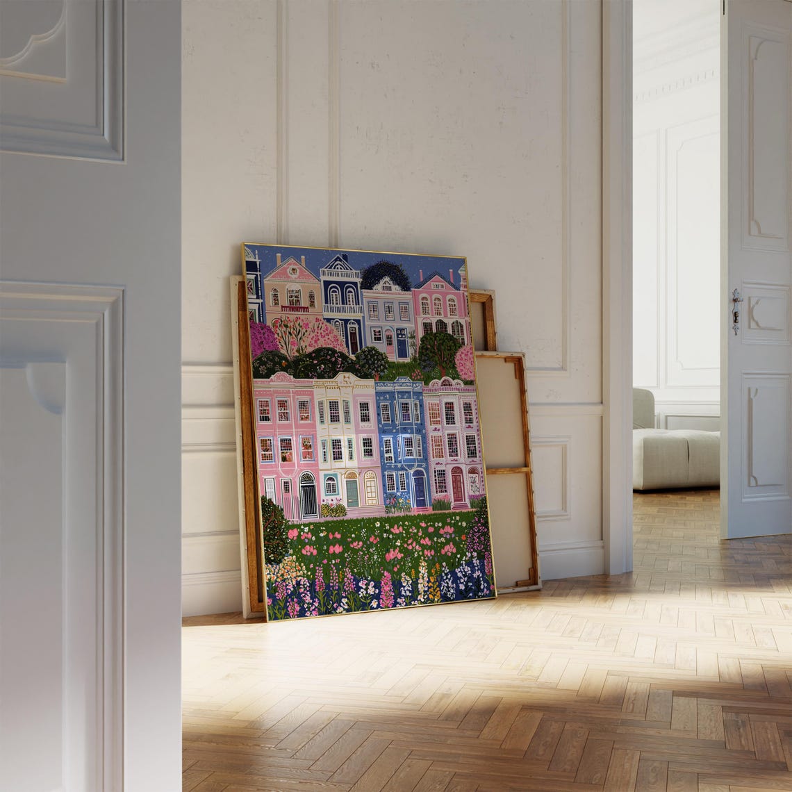 Pastel Row Houses Wall Art City Street Illustration Floral Townhouse Print Urban Decor Living Room Art Home Decor - Image 2