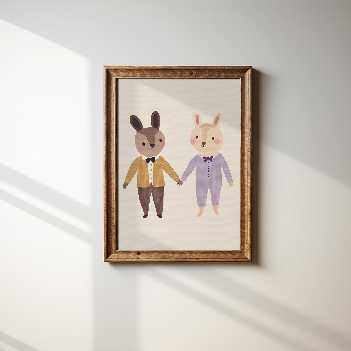 Two Best Friend Animals Kids Room Print Holding Hands in Retro Outfits