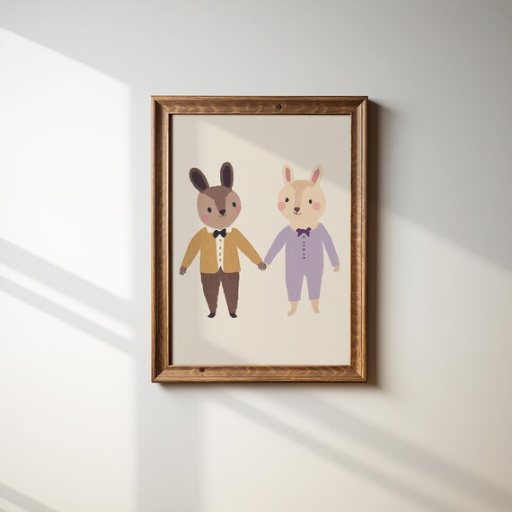 Two Best Friend Animals Kids Room Print Holding Hands in Retro Outfits