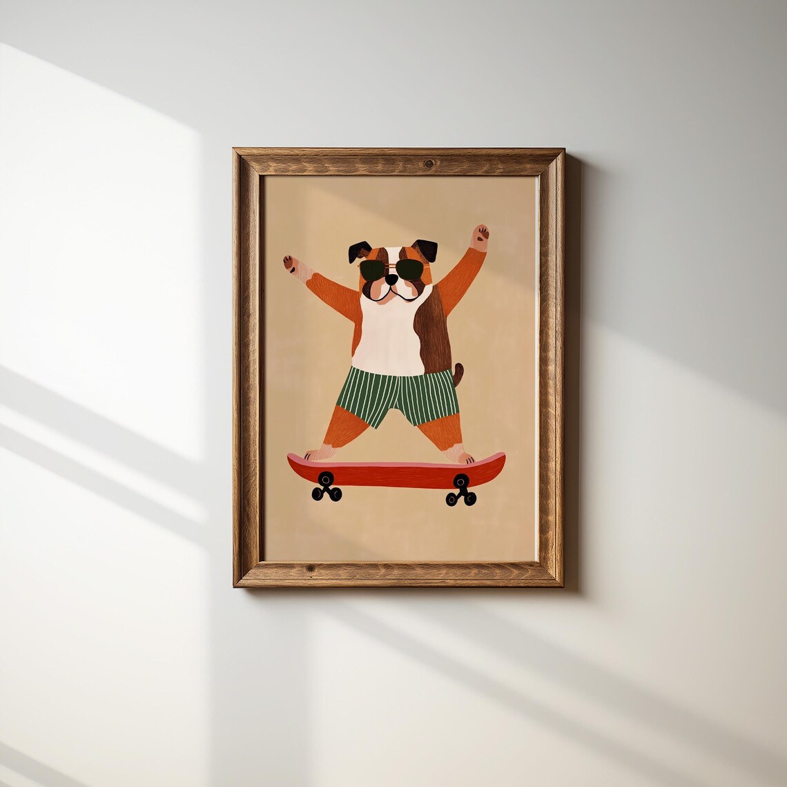 Happy Dog Sunglasses Skateboard Green Shorts Tan Kids Poster