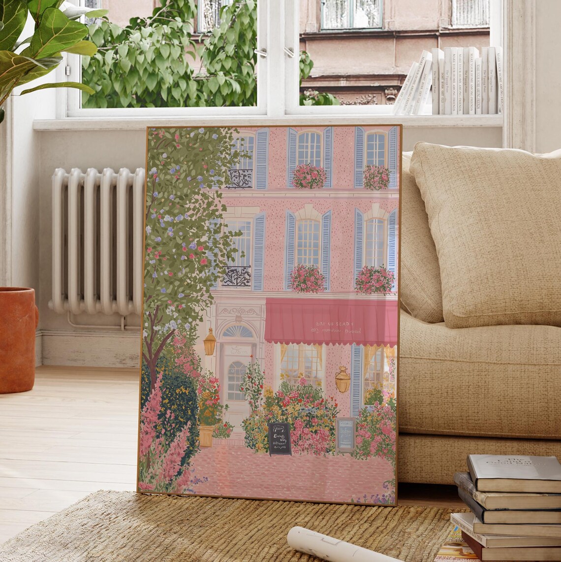 Parisian Pink Cafe Building Blue Shutters Flowers Romantic Poster - Image 2