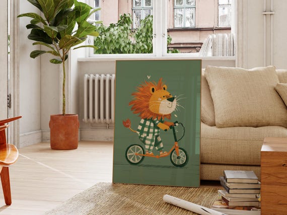 Green Lion On Scooter Wall Art For Kids Room Playful Lion Illustration Boys Nursery Wall Art Adventure Print For Childrens Playroom