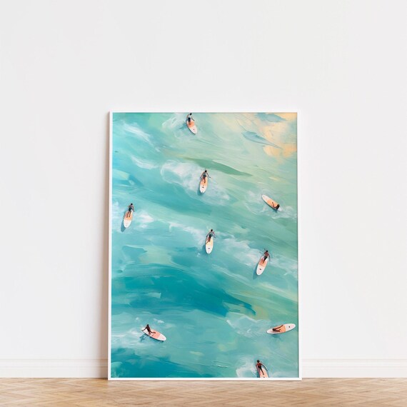 Aerial Surfers Turquoise Ocean Waves Oil Painting Coastal Beach House Poster