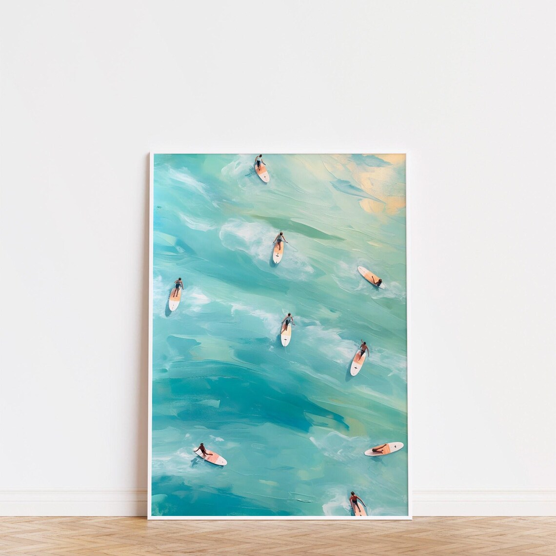 Aerial Surfers Turquoise Ocean Waves Oil Painting Coastal Beach House Poster
