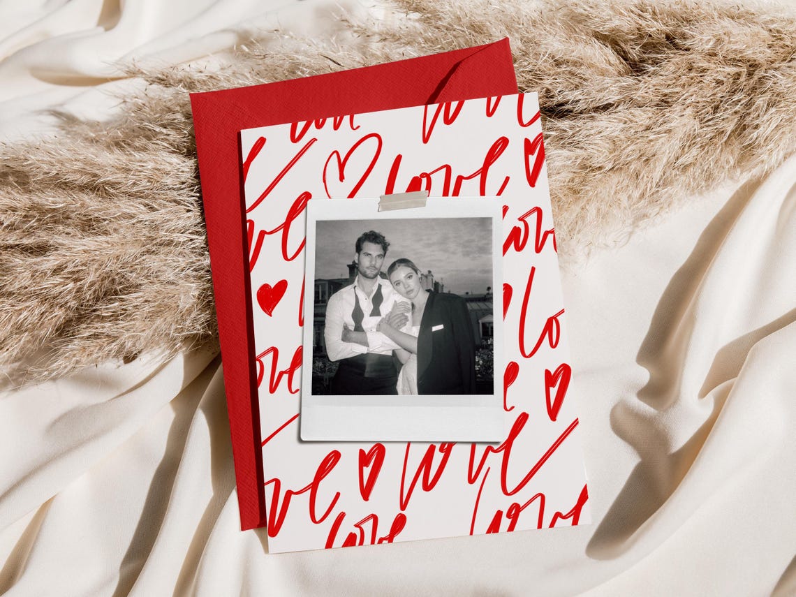 Modern Valentine Photo Card Red Love Script Hearts Polaroid Print - Image 4