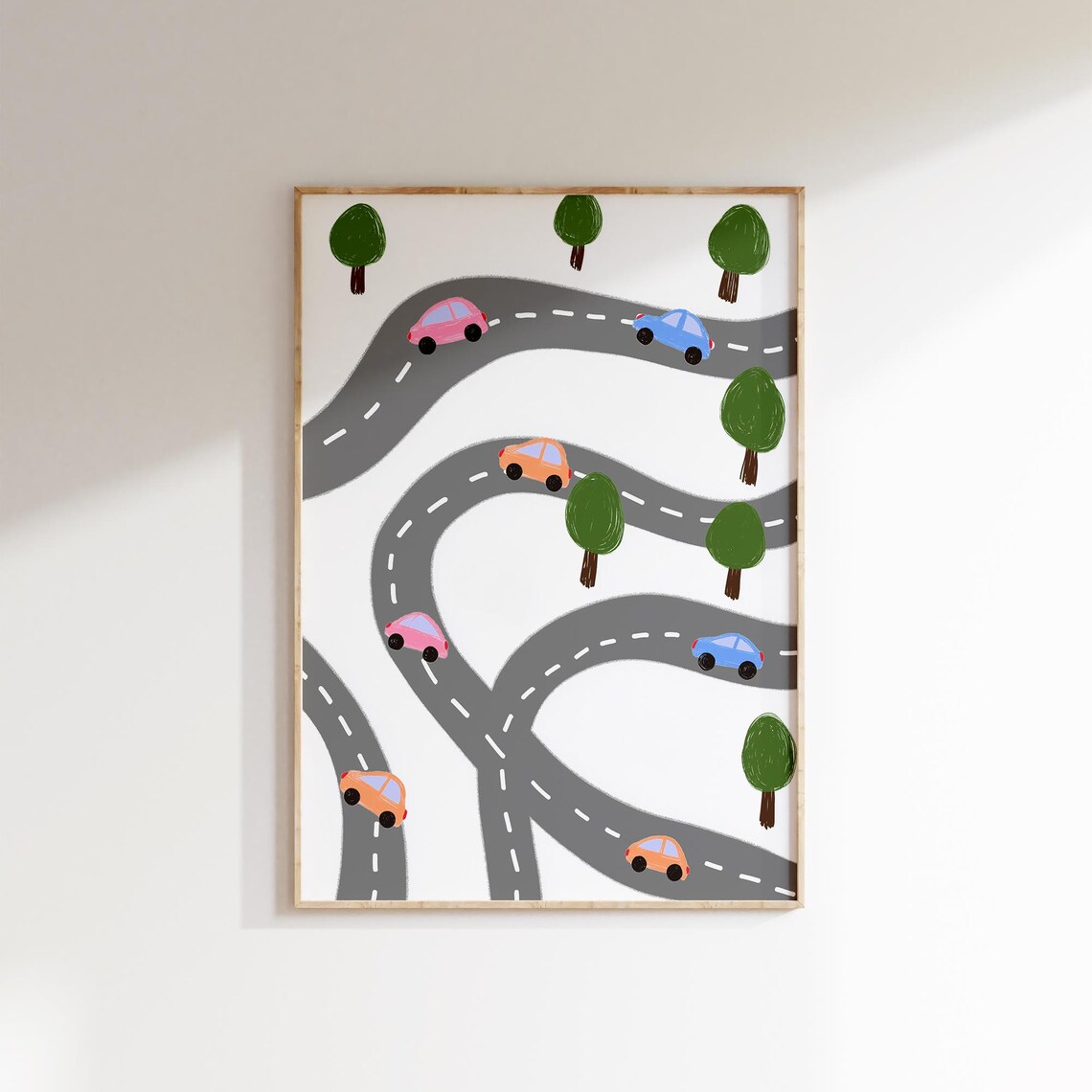 Colorful Cars On Winding Gray Road Map Playroom Kids Art Poster