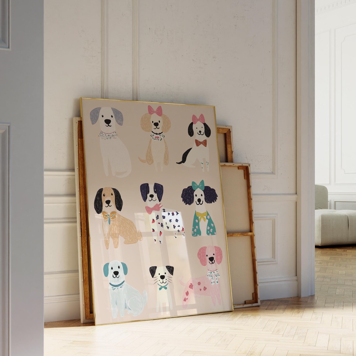 Nine Sweet Dogs Bows Bow Ties Peach Nursery Puppy Wall Art Poster - Image 3