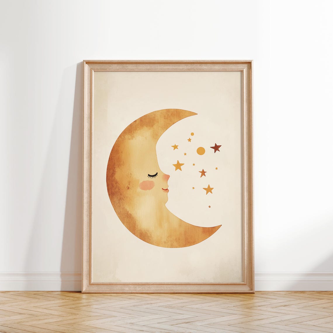 Sleepy Golden Crescent Moon Face With Stars Nursery Art Poster - Image 2