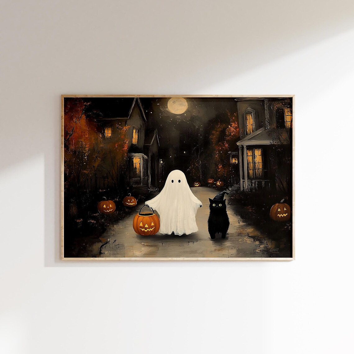 Ghost Trick or Treating with Black Cat on a Moonlit Village Street Poster