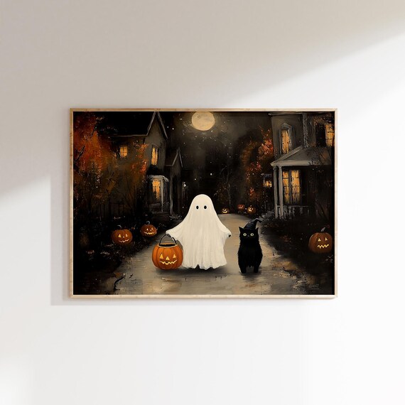 Ghost Trick or Treating with Black Cat on a Moonlit Village Street Poster