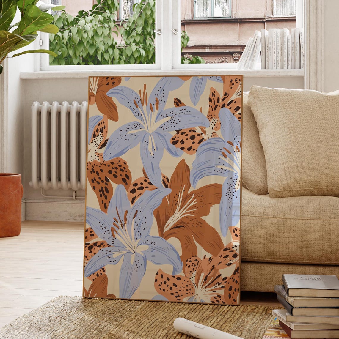 Tiger Lily Flower Print Blue Orange Modern Botanical Summer Poster - Image 2