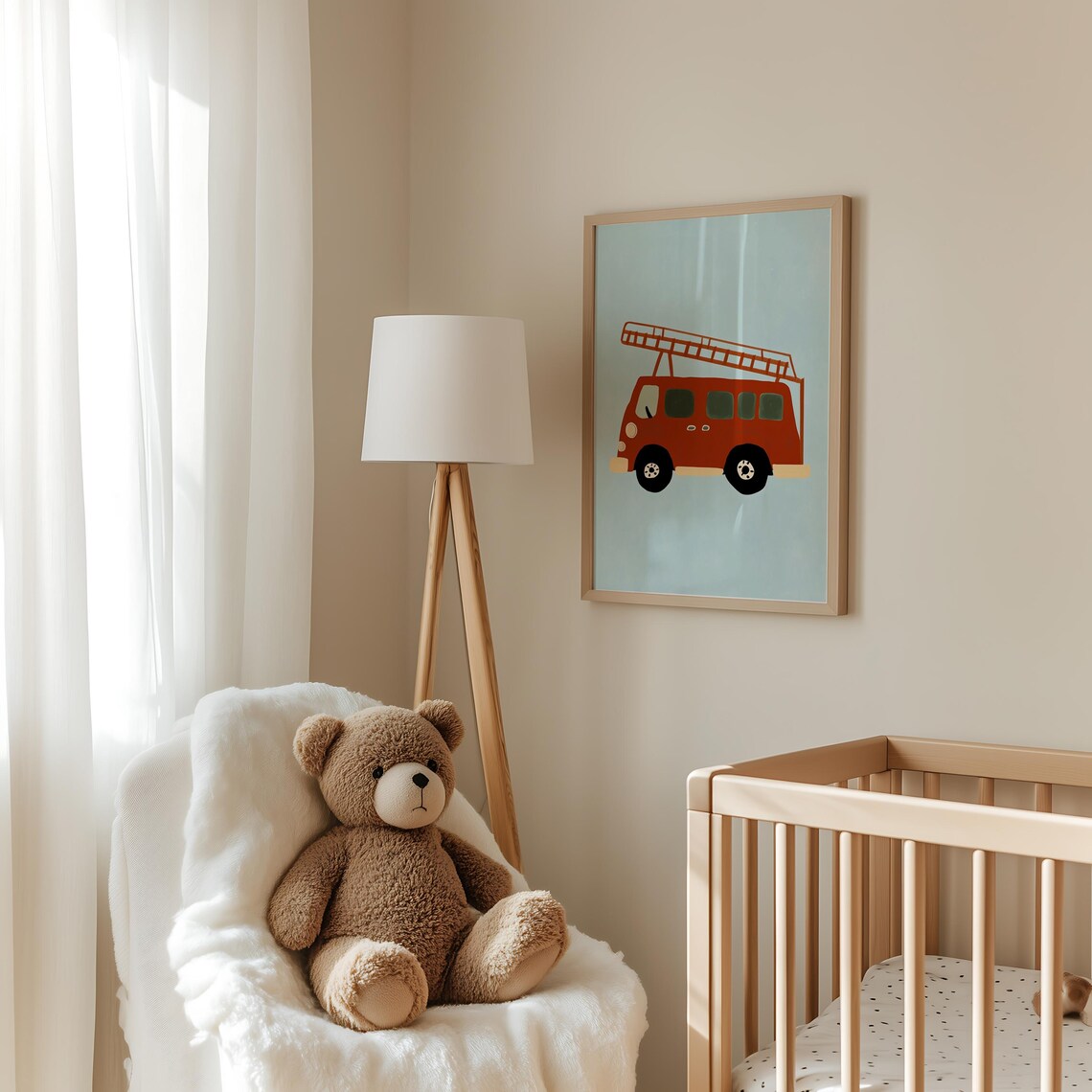 Red Fire Truck with Ladder Cute Kids Vehicle Nursery Art Poster - Image 2
