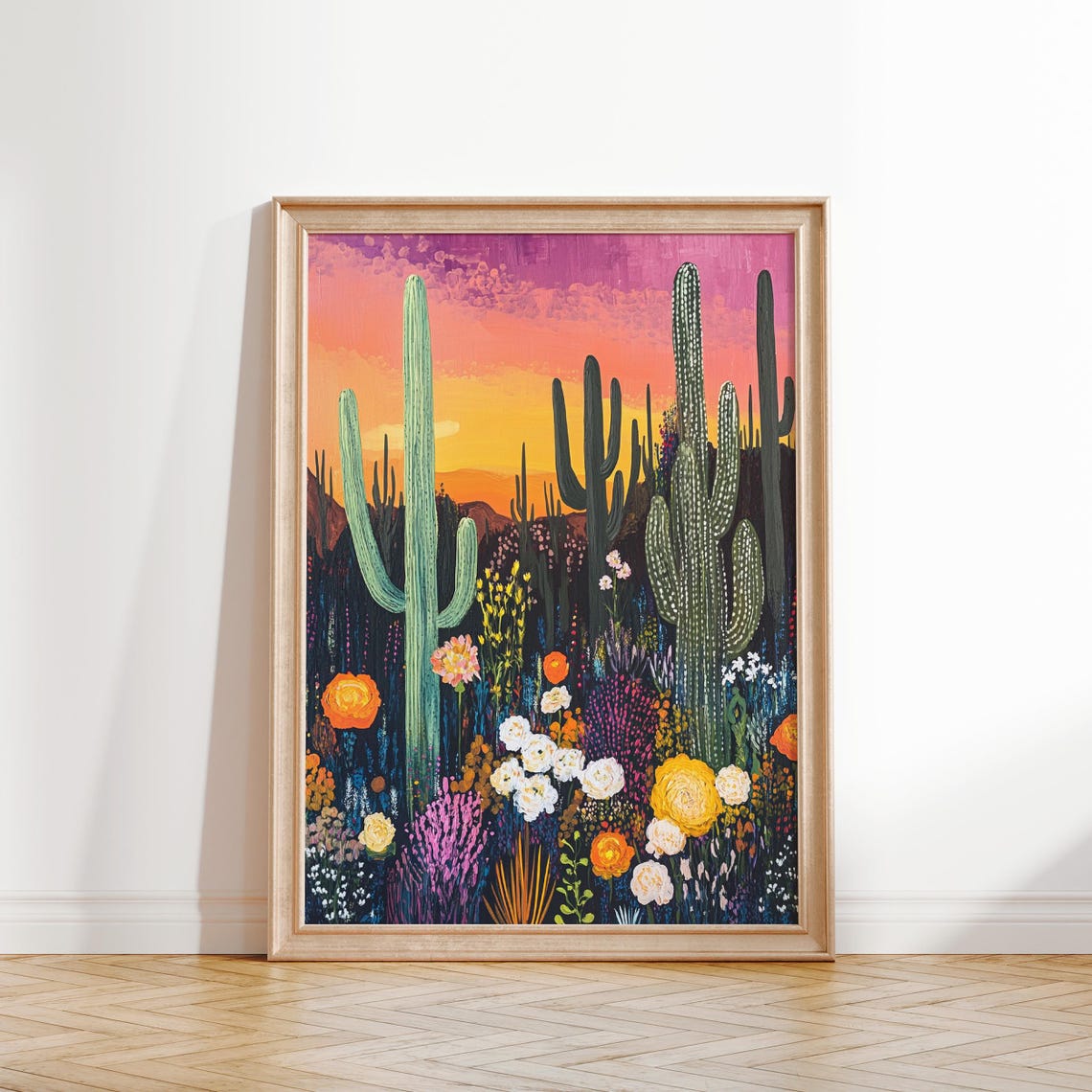 Night Desert Cactus Sunset Vibrant Botanical Landscape Poster - Image 2
