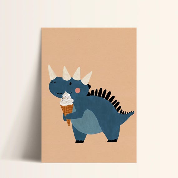 Dinosaur With Ice Cream Art Playful Kids Room Poster Nursery Wall Decor Toddler Room Prints