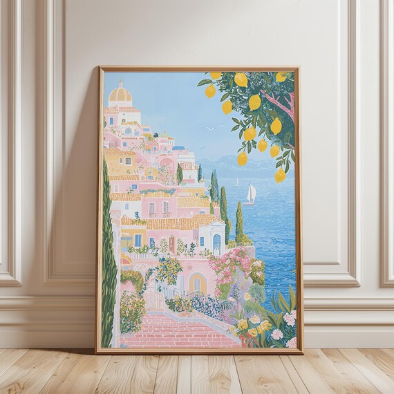 Amalfi Coast Cliffside Lemon Tree Pastel Houses Sailboat Poster