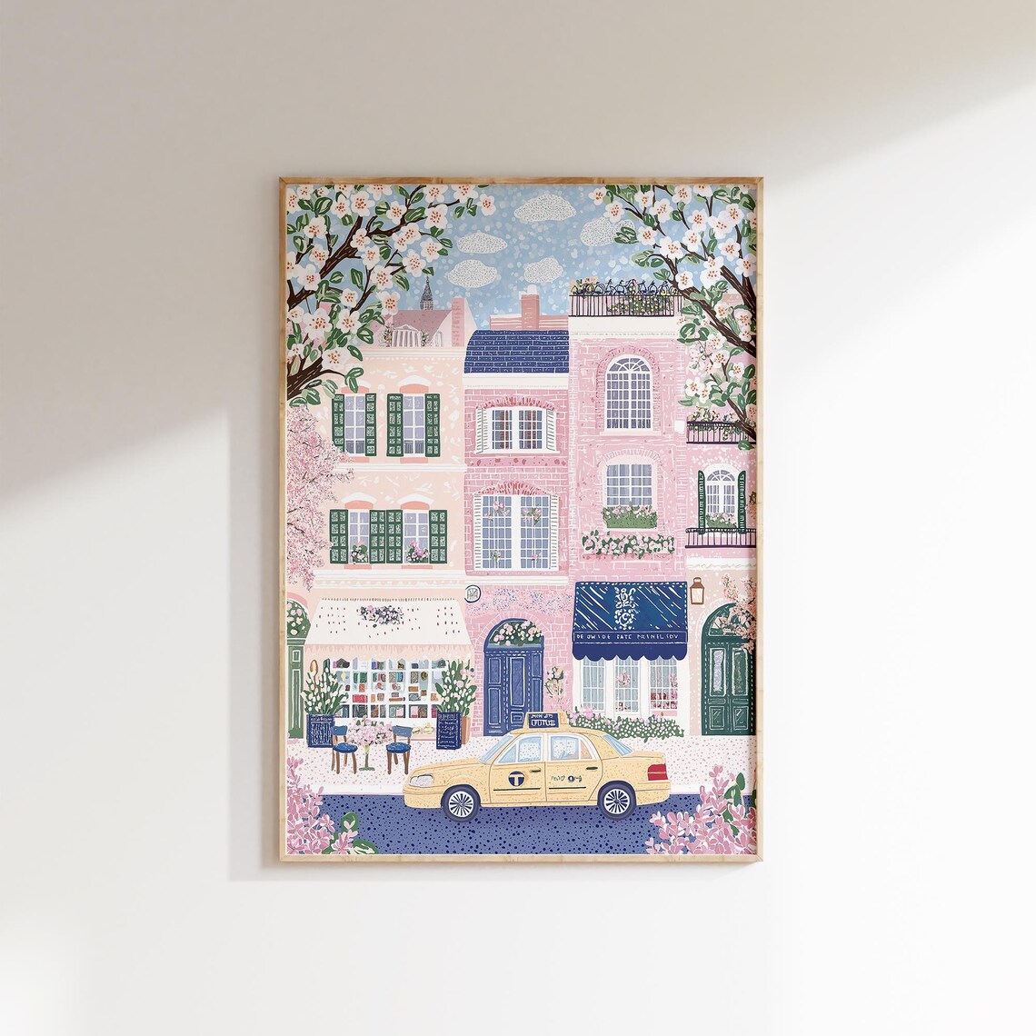 Paris Street Pink Buildings Cherry Blossom Yellow Taxi Cafe Poster - Image 4