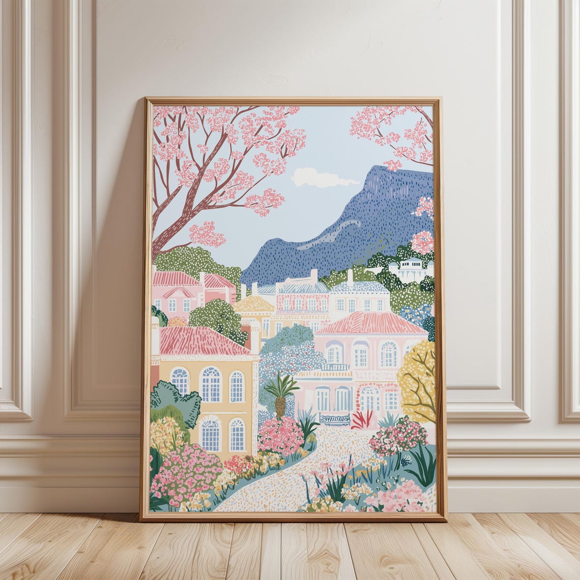 Mediterranean Village Spring Cherry Blossom Mountain Town Poster